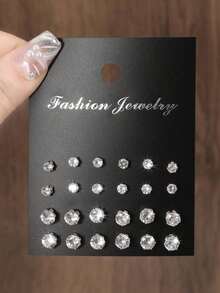 24pcs/Set Fashionable Minimalist Sparkling Cubic Zirconia Stud Earrings For Party, Date And Daily Wear - 銀牌 2 - 查看 12