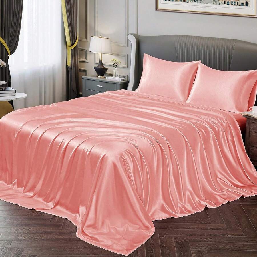 Silky Soft Pink Twin XL Satin Bed Sheets Set, 1 Deep Pocket Fitted Sheet + 1 Flat Sheet + 1 Pillowcase, In 2025 - Blush Pink - 查看 1