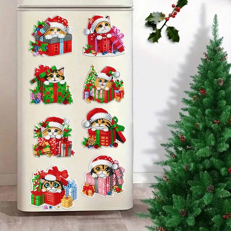 8 piezas Kit de pintura de diamantes, Lindo gatito con tema navideño - Imanes de nevera hechos a mano multicolor, Pegatinas para coche y nevera con accesorios de decoración DIY fáciles, Regalo adorable de Halloween y Navidad, Diamantes brillantes