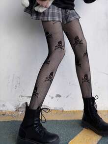 1 条女式万圣节渔网紧身裤，高腰蕾丝蜘蛛网图案紧身裤 - 黑色 - 查看 7