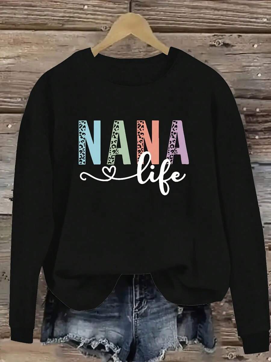 2026 Women's Bright Sweatshirt Nana Letter Print Heart Decoration Crew Neck Autumn Winter Comfortable Pullover - 黑色 - 查看 1