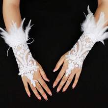 L'VOW 2Pcs Gothic Black Lace Feather Long Gloves For Women Halloween Witch Costume Swan Wristband Cuff{"Color_name":"A-White"} - A-白色 - 查看 5