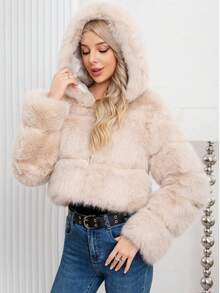 Abrigo elegante de mujer de color caqui, de moda, cálido, con capucha de piel sintética, de longitud regular y manga larga regular para el invierno