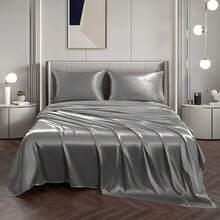 Silky Soft Pink Twin XL Satin Bed Sheets Set, 1 Deep Pocket Fitted Sheet + 1 Flat Sheet + 1 Pillowcase,  In 2025 - 迷霧灰 - 查看 4