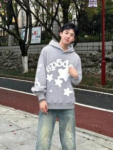 Y2K Star Pattern Sp5der Hoodie Street Zip Up Hoodie Men Goth Oversized Halloween Fall Long Sleeve Clothes - Xám - Xem 4