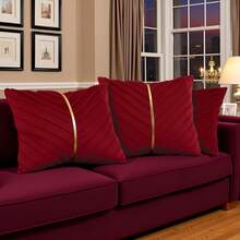 Navy Blue Velvet Throw Pillow Covers 18 X 18 Inch Pack Of 2 With Gold Leather Decor For Couch, Luxury Modern Pillowcases For Living Room, Bedroom Sofa Cushion Bed - 紅色 - 查看 5