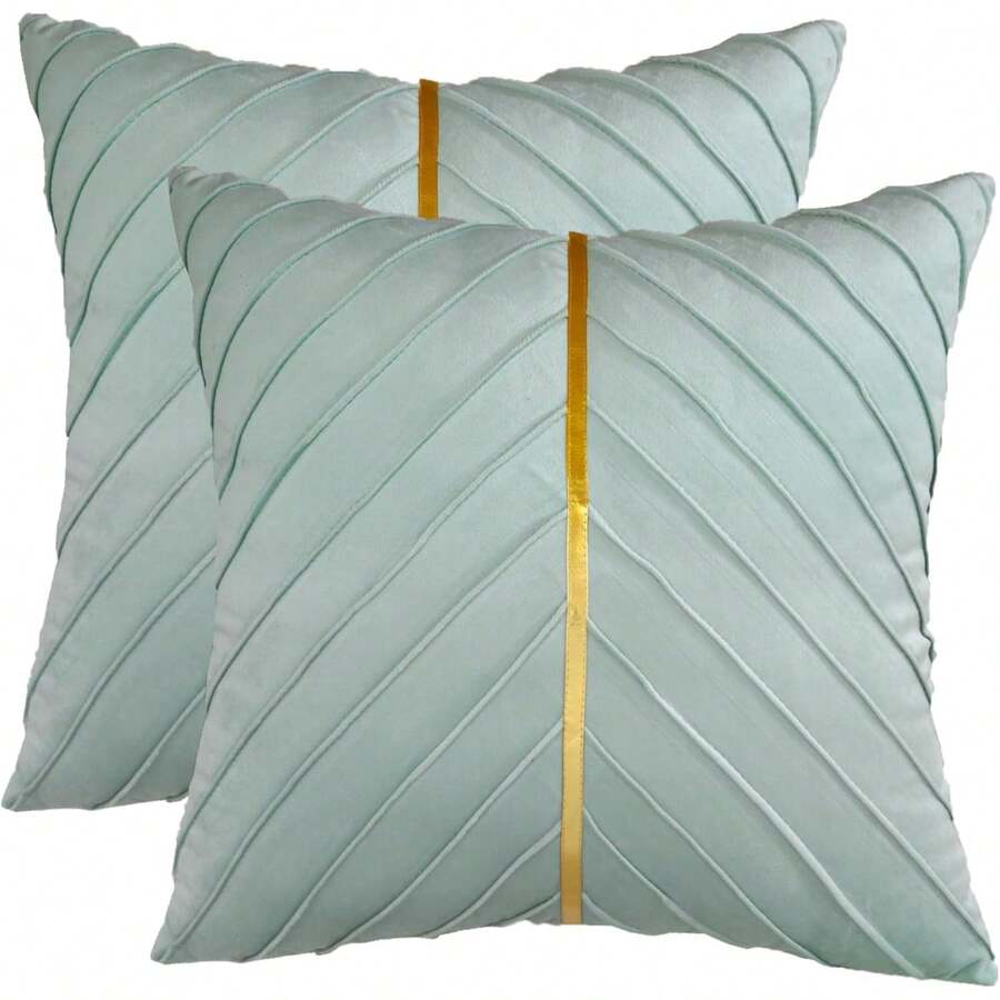Navy Blue Velvet Throw Pillow Covers 18 X 18 Inch Pack Of 2 With Gold Leather Decor For Couch, Luxury Modern Pillowcases For Living Room, Bedroom Sofa Cushion Bed - 薄荷綠 - 查看 1