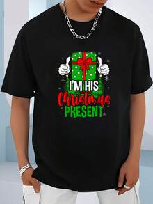Funny Matching Couples Christmas His And Hers For Him T-Shirt -100% Cotton Autumn Men's Casual T-Shirt, Featuring "Merry Christmas" Letters And Fun Snowflake Pattern Print On The Top - Black - View 5