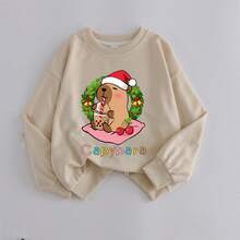 Young Girl Long Sleeve Crew Neck Pullover With "CAPYBARAS" Print, Comfortable And Stylish, Casual And Versatile - Apricot - View 9