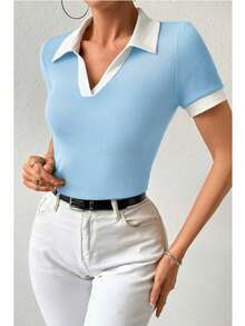 Women's Two-Tone Polo Shirt, Short Sleeve, Ribbed Cotton, Simple, Casual, Knit, Everyday Wear - 藍色 BB 露領 - 查看 2