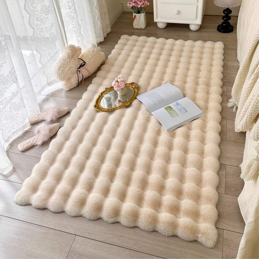 1 pièce Tapis de zone en fausse fourrure moelleuse, tapis décoratif doux et chaud de couleur crème, convient pour le salon, la chambre, le bureau, l'entrée