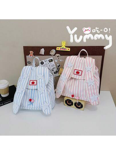 1 Piece Of The New Cute Rabbit-Ear Backpack With Double Shoulder Straps, A Large-Capacity Vertical Striped Star Backpack With Dopamine Color, Suitable For Commuting Canvas Bag, Outdoor Storage Travel Backpack, Commuting Backpack, High Appearance Quality Schoolbag, Student Bag, Suitable For School Use, For Students And Ladies.