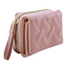 Cartera de Mujer de Cuero Moda Bordada Amor Cartera Pequeña de Tres Pliegues Portatarjetas Ranura para Múltiples Tarjetas Monederos Interior Rosa - Negro - Ver 8