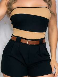 Fany Set With Shorts And Strapless Bodysuit In Black Simple Casual - Camel - View 2