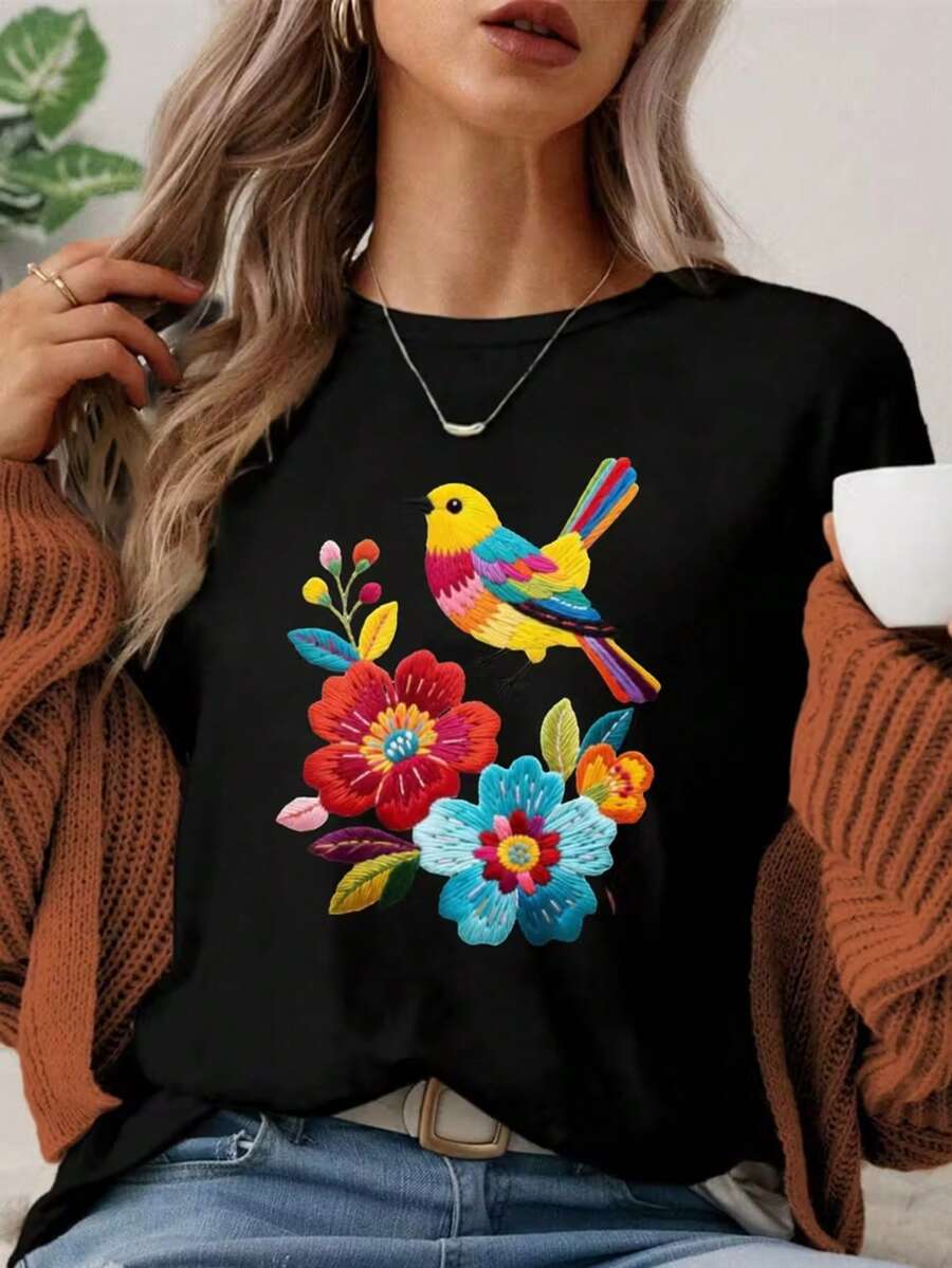 Women's MEXICO Retro Floral Graphic T-Shirt - Comfortable and slightly stretchy, perfect for summer outdoor activities | Casual streetwear | Everyday wear | Style crew neck, Elegant Cute Fashion Women Tops, suitable for all seasons, casual streetwear | crew neck t-shirt  Mujer camiseta estilo casual con estampado colorido, ajuste holgado, cuello redondo, manga corta, primavera-verano, ideal para ocasiones cotidianas, categoría de moda. - Negro 1 - Ver 1