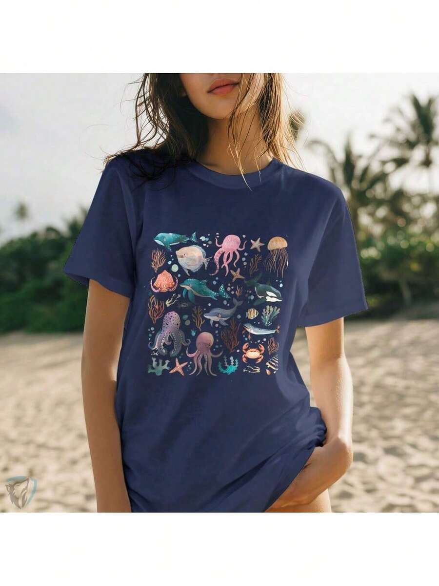 Colorful Ocean Print T-Shirt | Creative Urban Fashion - Navy Blue - View 1