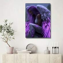1pc 2D DIY Dreamy Purple Hair Angel Diamond Painting, Elegant Winged Figure Handmade Rhinestone Decorative Painting, Hot-Selling Cross-Border Item, Home Wall Art Decor For Living Room, Bedroom, Study, Bathroom, Holiday Gift