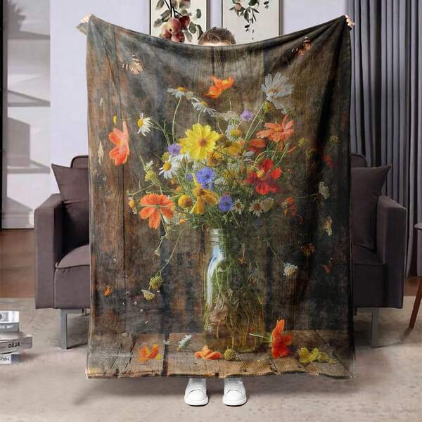 بطانية مطرزة بطراز إناء قديم ناعمة ومريحة مصنوعة من البوليستر المحبوك، طباعة رقمية، مناسبة للأريكة والسرير والمكتب والتخييم والسفر - خفيفة الوزن ودافئة 250-300 جرام