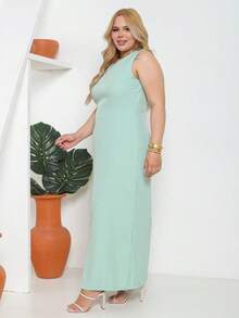 Vestido Longo Mídi Plus Size Em Twill Clássic Fenda Elegante - Verde Menta - Visão 7