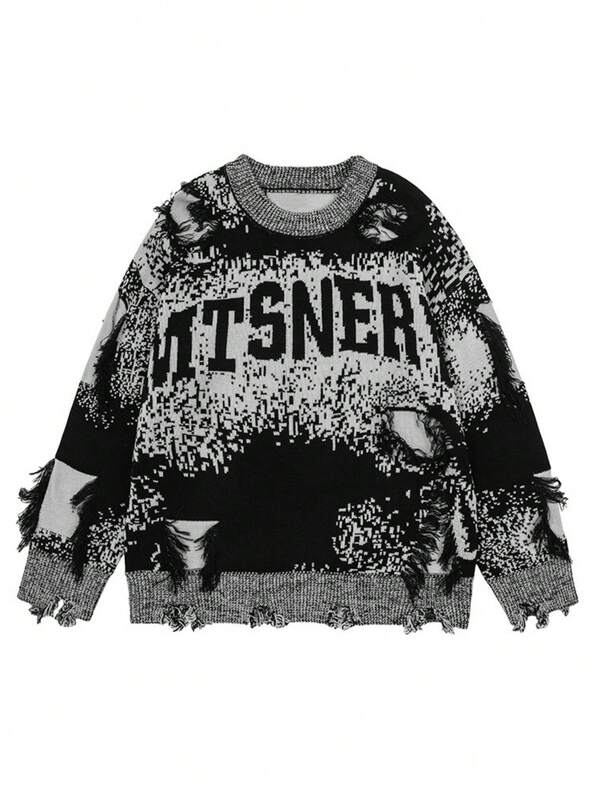 1 peça de suéter americano com franjas contrastantes e furos, suéter de malha plus size