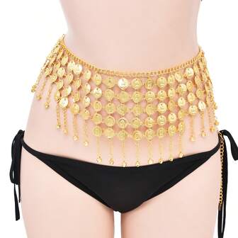 1 قطعة سلسلة خصر متعددة الطبقات مزينة بأجراس وشرابات، سلسلة جسم مرنة وتنحيف، إكسسوار خصر مناسب للنساء للاستخدام اليومي والحفلات