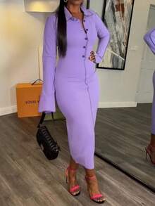 FENDAI Plus Size Women's Autumn/Winter New Dress, Purple Tight-Fitting Elegant Knit Dress With Contrast Trim Stitching, Slit Cuffs And Front Button Decor, Suitable For Commuting And Parties