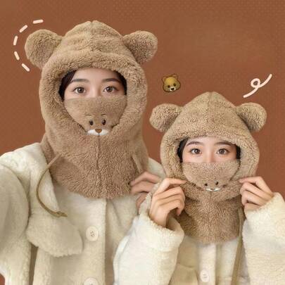 1pc Women's Knitted Teddy Bear Mask Hat Scarf Set, Warm And Windproof For Outdoor, Travel, Daily Wear In Autumn/Winter