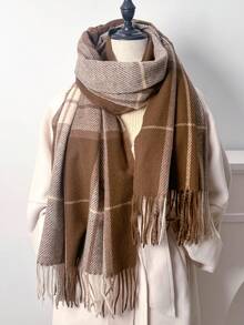 1pc 65*180cm Women's Stylis Two-Color Check, Long Tassels Scarf. Ponchos For Women, Scarfs, Scarves For Women, Scarf Winter, Fall Accessories, More Than Ninety Percent Of People Chose, Suitable For Dates, Casual And Formal Outings, Versatile Fashion Accessories, And Night Date Outfits.