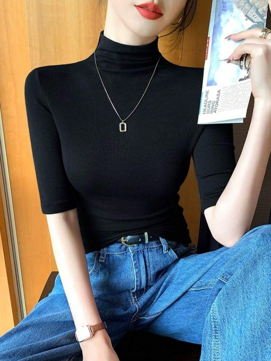 Women's High Stretch Cotton Rib Knit T-Shirt, Turtleneck, Regular Three-Quarter Length Sleeves, Comfortable Regular Fit Top - 黑色 - 查看 1