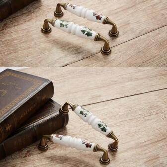 4 件乡村风格陶瓷橱柜把手，带绿色和棕色花卉图案 - 古铜色饰面，乡村风格橱柜门和抽屉家具把手