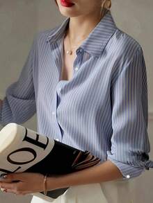 Plus 女士优雅条纹纽扣翻领长袖衬衫 - 藍色 - 查看 4