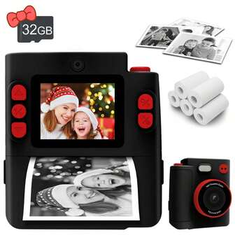 Cámara instantánea para niños, cámara de impresión instantánea para niños, adecuada para regalos de Navidad y cumpleaños para niños y niñas de 3 a 12 años, cámara digital para niños que imprime fotos en blanco y negro, con rollo de papel y tarjeta SD, perfecta para juguetes de niños
