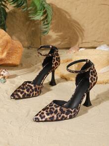 女士高跟鞋，尖头，秋冬新款时尚百搭，镜面珠光PU材质豹纹印花一脚蹬鞋，商务休闲优雅，细高跟 - 彩色 - 查看 4