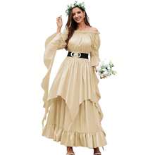 Renaissance Dress Women Victorian Medieval Gothic Witch Fairy Wedding Beige Off Shoulder Puff Sleeve Ruffle Dresses{"Color_name":"01-Beige","Size_name":"Small-Medium"} - 01-米色 - 查看 1
