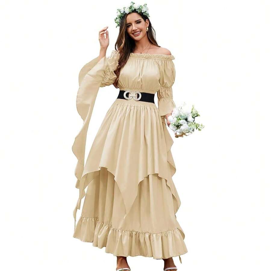 Renaissance Dress Women Victorian Medieval Gothic Witch Fairy Wedding Beige Off Shoulder Puff Sleeve Ruffle Dresses{"Color_name":"01-Beige","Size_name":"Small-Medium"} - 01-米色 - 查看 1