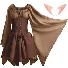 Coume Women Renaissance Costume Traditional Irish Dress Fairy Medieval Ears For Halloween Cosplay Party(Small,Khaki, Dark Khaki){"Color_name":"Khaki","Size_name":"DarkKhaki"} - 卡其色 - 查看 1