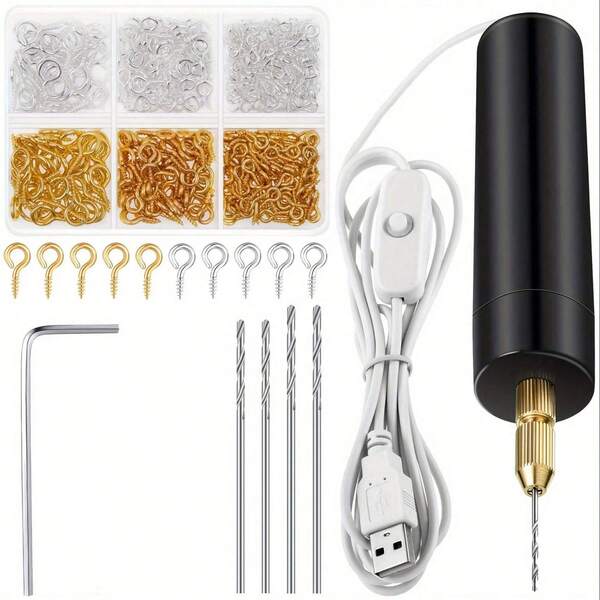 Set eléctrico de perforación de resina que incluye 400 tornillos de ojo dorados y plateados, 8 herramientas de taladro retorcido, mini taladro eléctrico con llave, tornillo de banco mandril hexagonal, molde de fundición de resina, llavero DIY, elaboración de manualidades, para hacer resina, plástico, madera, arcilla polimérica, joyería, llaveros y colgantes