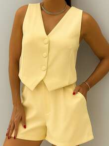Women's Formal Set With Lined Button Vest And Tailored Shorts - Butter Yellow - View 2
