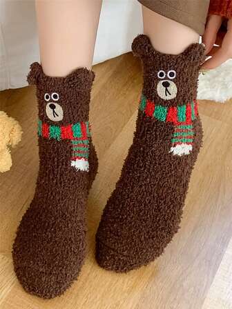 1Pair Big Kids Fall&Winter Bear Stitching Embroidery Cozy Pink Plain Solid Color Warmly Soft Fuzzy Comfort Fluffy Anklet Crew Long Socks