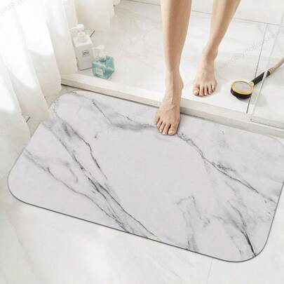 速干硅胶浴室垫，防滑橡胶底，防水皮革浴室垫，无纺布编织长方形白色大理石纹