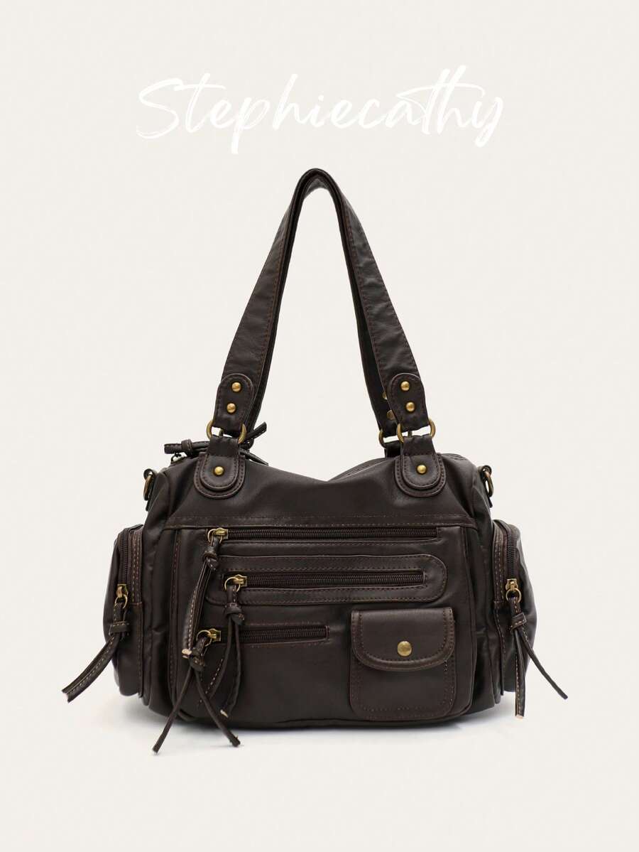 STEPHIECATHY Tas Selempang Wanita, Ukuran Kecil, Unisex, Gaya Retro Kasual Praktis, Cocok untuk Perjalanan Sehari-hari ke Kampus, Terbuat dari Kulit Imitasi PU Lembut Warna Polos, Penutup Resleting, Desain Multi-Saku, Dua Tali Bahu Pendek, Sabuk Pinggang yang Dapat Diatur. - Kopi - View 1