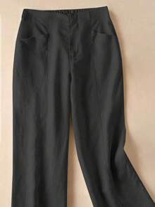 Quần dài cạp cao co giãn thoải mái bằng vải lanh, thích hợp cho mùa thu/hè, có độ rũ nhẹ, màu đen. - màu đen - Xem 3