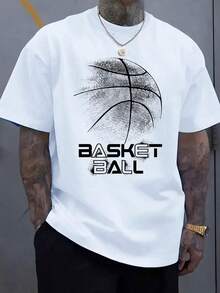 Men's Basketball Graphic T-Shirt - Black Tee With White Basketball Design - Stretch Comfort Fit Round Neck - Lightweight Athletic Shirt Sports, Casual Casual Attire - Washable Summer Top220g High-Quality Pure Cotton T-Shirt With Minimalist Printing, Soft And Breathable Fabric, Comfortable And Loose, Suitable For All Day Wear, Suitable For Office Casual Wear, Spring And Summer Daily Appearance, Elegant And Youthful Design Ropa De Hombre - 白色7 - 查看 1