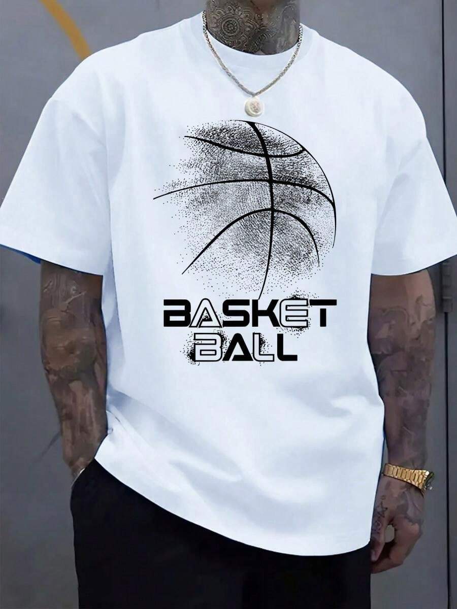 Men's Basketball Graphic T-Shirt - Black Tee With White Basketball Design - Stretch Comfort Fit Round Neck - Lightweight Athletic Shirt Sports, Casual Casual Attire - Washable Summer Top220g High-Quality Pure Cotton T-Shirt With Minimalist Printing, Soft And Breathable Fabric, Comfortable And Loose, Suitable For All Day Wear, Suitable For Office Casual Wear, Spring And Summer Daily Appearance, Elegant And Youthful Design Ropa De Hombre - 白色7 - 查看 1