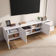 Meuble TV avec tiroirs et touches dorées – Meuble TV avec pieds réglables, portes avec étagères et poignées/pieds dorés