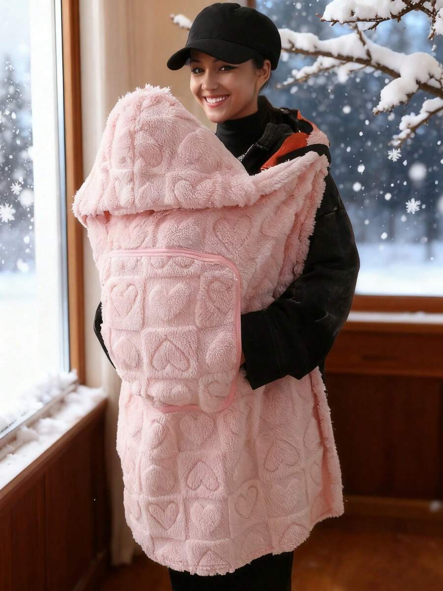 80*80cm 素色秋冬多功能嬰兒毯 1件,愛心圖案嬰兒毯,兒童毯,嬰兒車蓋毯,適用於居家與戶外使用 - 粉色 - 查看 1