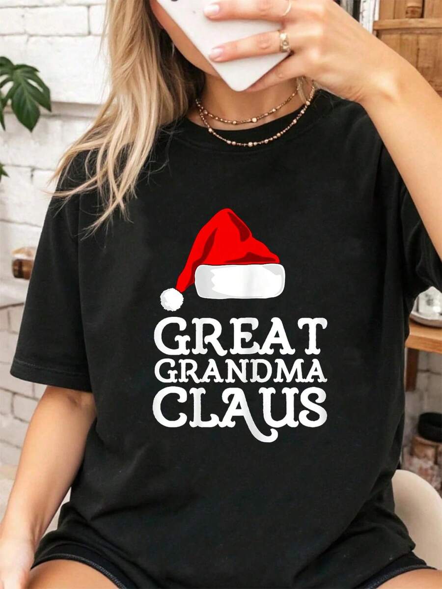 100% Cotton Great Grandma Claus Christmas Santa's Hat  Family Xmas T-Shirt Pop Shirt For  Women - màu đen - Xem 1
