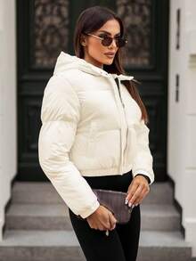 Women's Casual Solid Color Hooded Down Cropped Jacket With Zippered Pockets And Long Sleeves, Perfect For Winter Parties - Beige - View 5