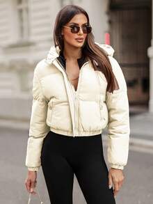 Women's Casual Solid Color Hooded Down Cropped Jacket With Zippered Pockets And Long Sleeves, Perfect For Winter Parties - Beige - View 6