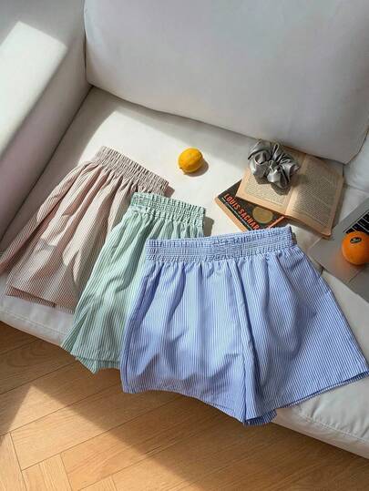 3 pcs set de nuevos Shorts Rayados Simples Diarios para Mujer Comodos